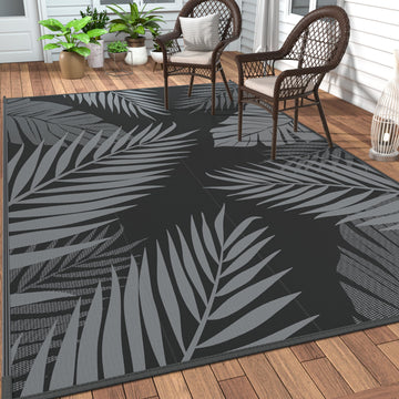 Outdoor Rug, Waterproof Plastic Rugs 9'x18' for Camping Black Grey