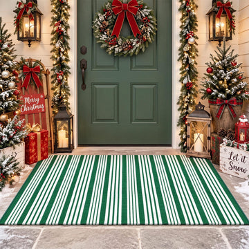 Green and White Striped Rug 2.3' x 3.6' Modern Farmhouse Area Rug Front Porch Door Mat Welcome Layered Doormat for
