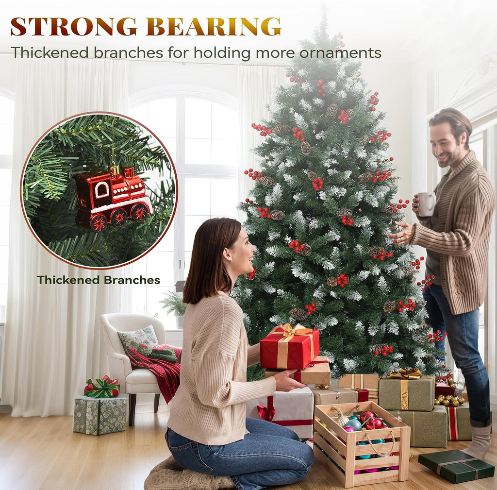 7.5ft Prelit Decorated Pine Christmas Tree w/Red Berries & Remote | Artificial Hinged Xmas Tree w/ 1398 Frosted Tips