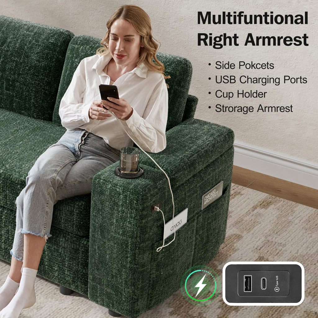 111" Modular Sectional Sleeper Sofa with Pull Out Bed, 8 Seat Chenille U Shaped Couch with Storage Chaise|USB