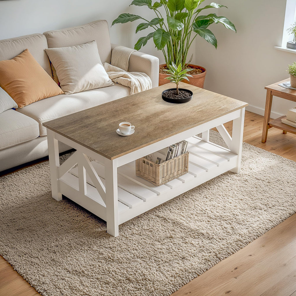 Farmhouse Coffee Table with Storage, Gray & White