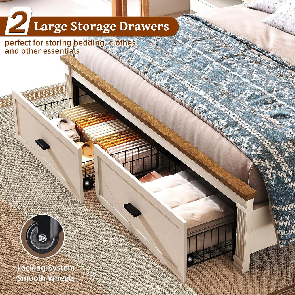 Queen Bed Frame with 2 Storage Drawers, 53" Tall Headboard Farmhouse Platform Bed Frame with Roman Column Decoration