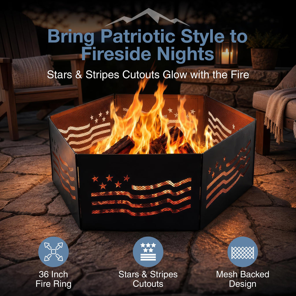 36" x 12" Zion Portable Folding Fire Ring, Steel Mesh Foldable Fire Ring, Stars and Stripes, Black