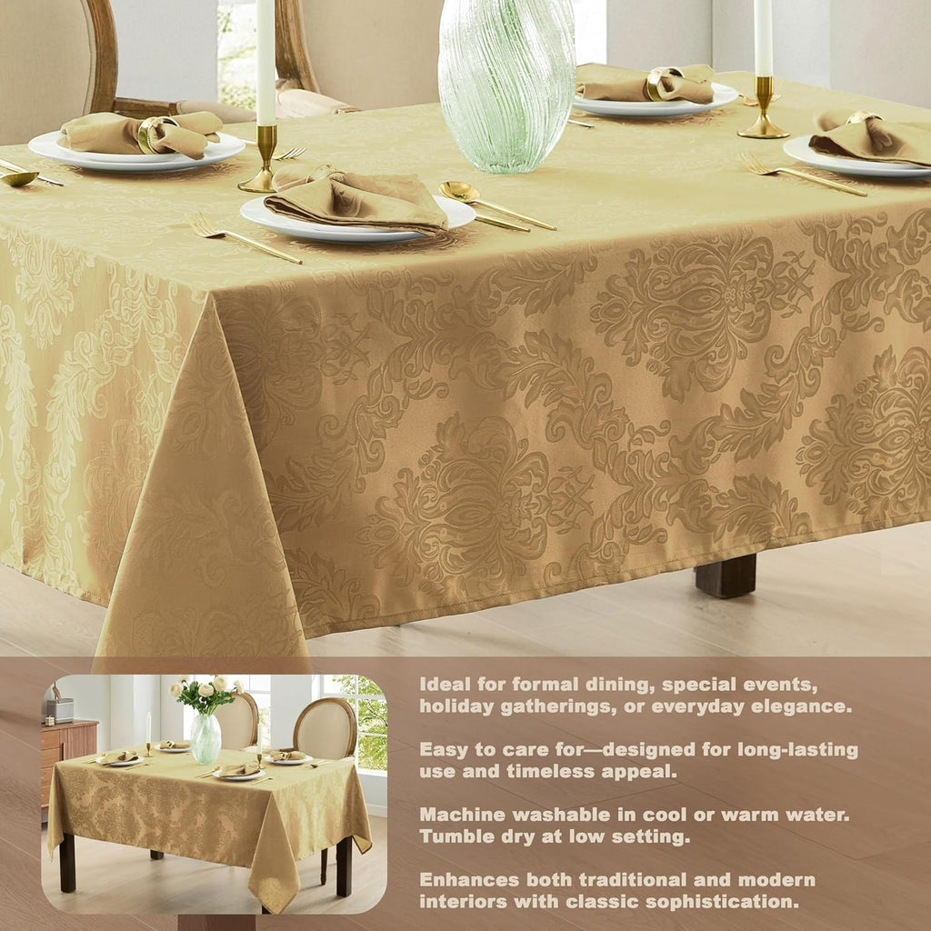 Barcelona Damask Fabric Tablecloth, 60 x 120 Inch Rectangle, Gold - No Iron, Soil Resistant Table Co