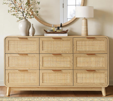 Rattan Dresser with Storage, Modern Farmhouse 9 Drawer Dresser