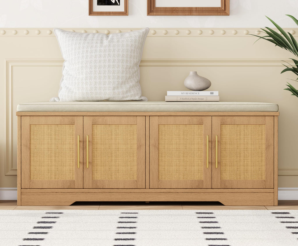 Rattan Shoe Storage Bench, 47.2" Wide Entryway Bench, Natural Oak