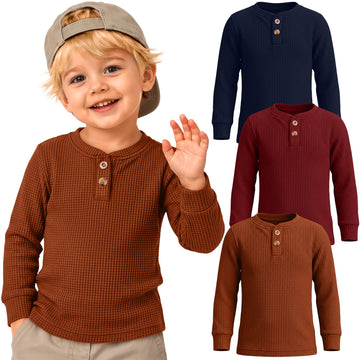 3 Pack Toddler Henley Shirts Long Sleeve Waffle Top 3Color