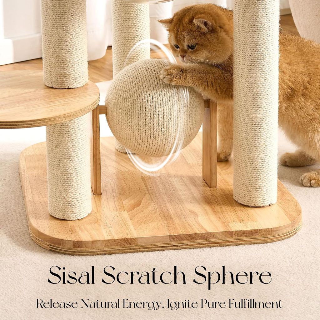 Modern Solid Wood Cat Tree Tower, 49" Tall Cat Tree with Sisal Scratching Posts for Adult Cats, Luxury Natural Oak