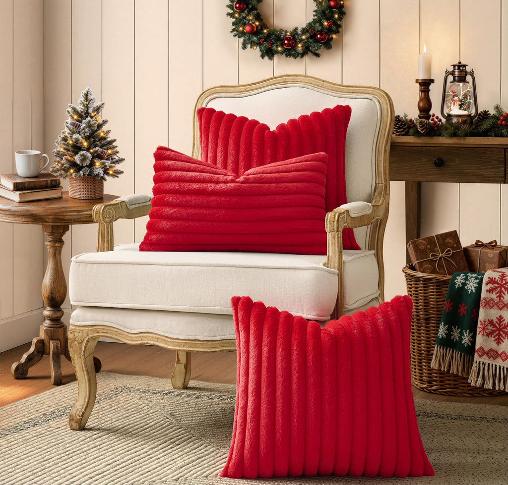 Pack of 2 Christmas Red Pillow Covers 20x20 Inch Decorative Faux Fur Throw Pillow Cover, Soft Lumbar Plush