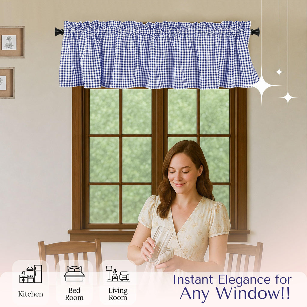 Gingham Checkered 2 Pack Window Curtain Valance Set - Rod Pocket - Semi Sheer - Farmhouse Small Curtain - 54"x18"