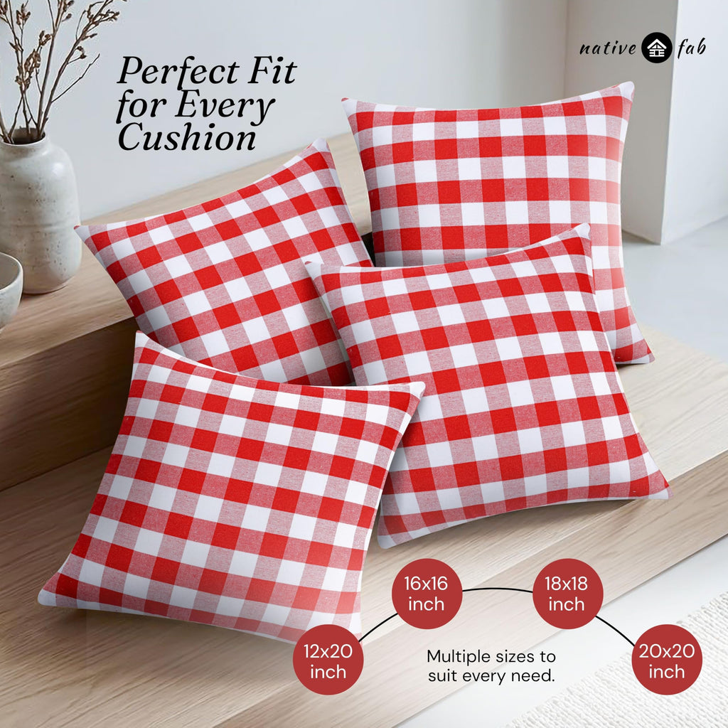 Throw Pillow Covers 2 Pack, 18x18 Inches, 100% Cotton, Classic Gingham Check Design, Decorative Cushion Cases, Rustic