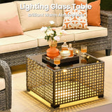 9 Pieces Patio Furniture Set, Outdoor Wicker Sofa Couch with Rocking Swivel Chairs Fire Pit Table