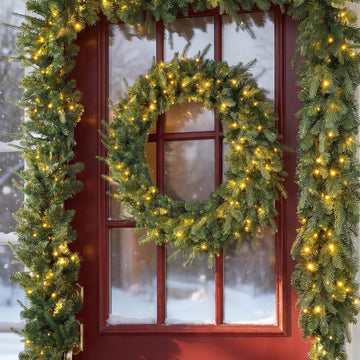 3 Pack 32"D Pre-Lit Artificial Christmas Wreath, Greenery Pine Wreath and Matching Set of 2 9ft Christmas Garlands