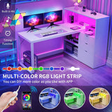 L Shaped Desk with Drawers, 55" Corner Computer Desk with Bookshelf & Power Outlets & LED Lights