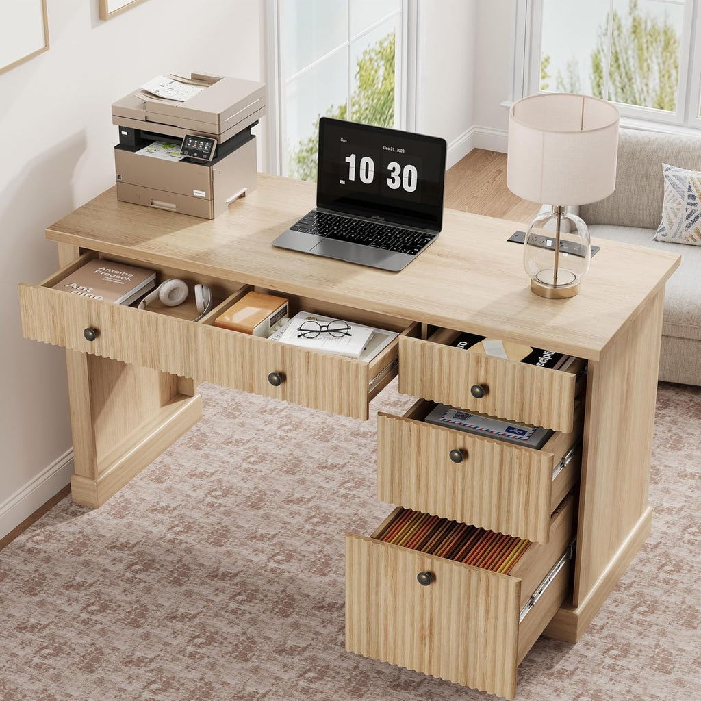 Fluted Home Office Desk Storage, 54 in Modern Executive Desk with Charging Station