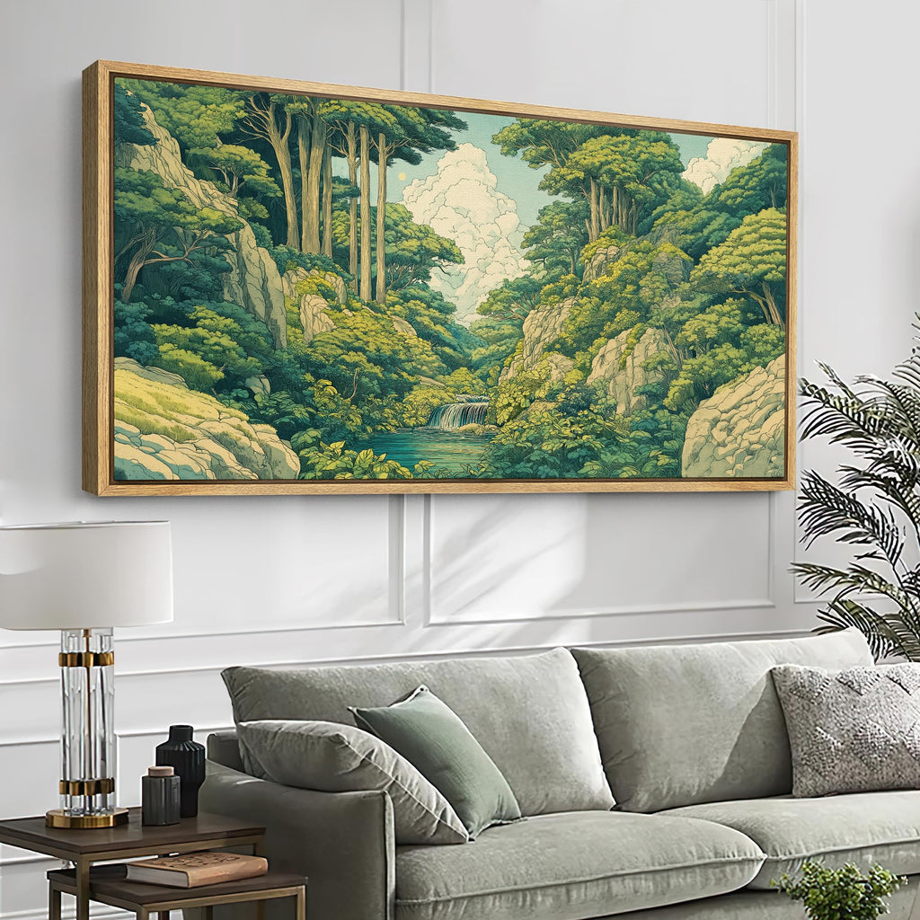 Extra Large Framed Canvas Print Wall Art Japanese Ukiyo-E Style Forest Landscape Green Illustrations Modern Art
