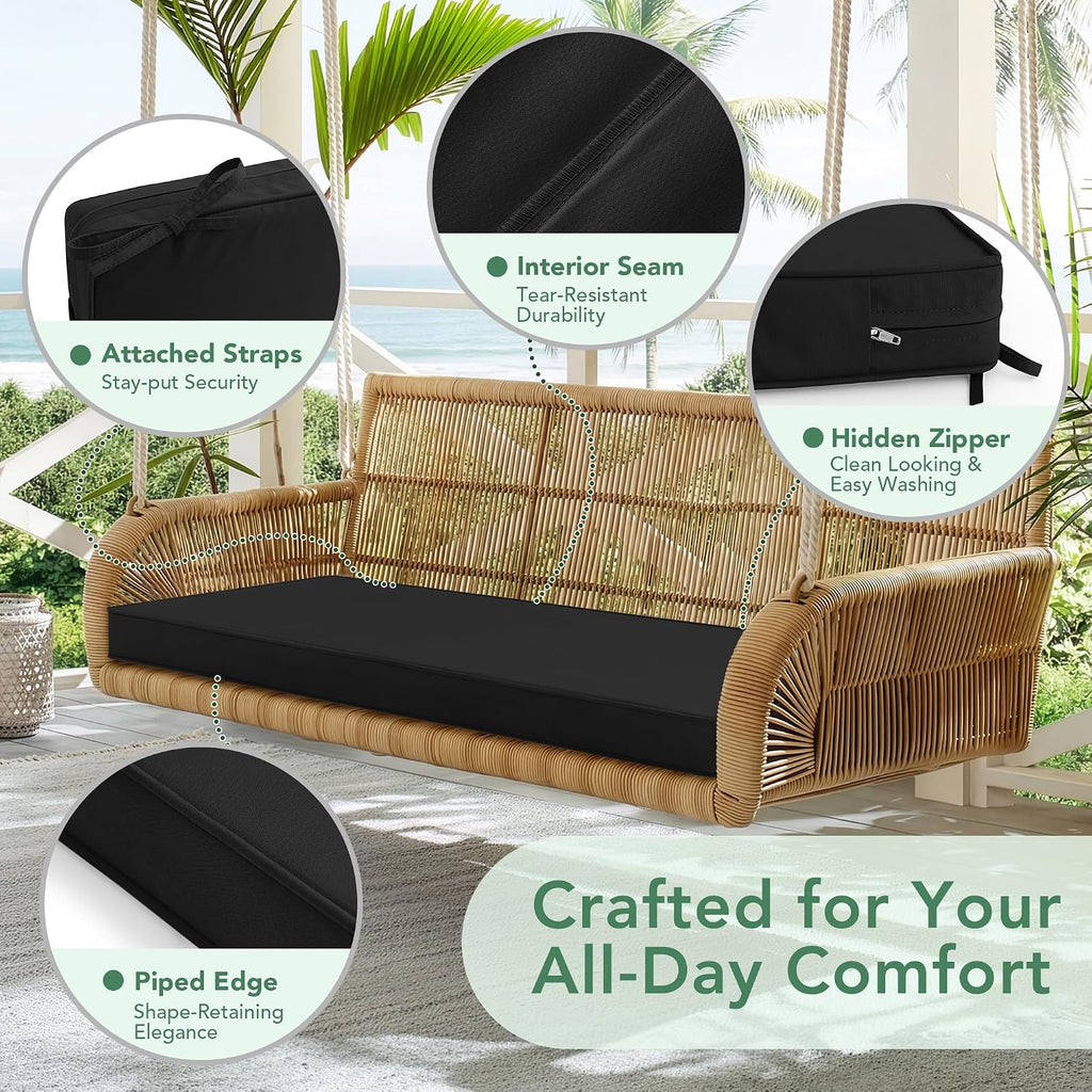 Outdoor Bench Cushion Pad, 48 x 18 x 3 Inch, Black | High-Resilience Foam, Water Resistant, Removable Cover, Hidden