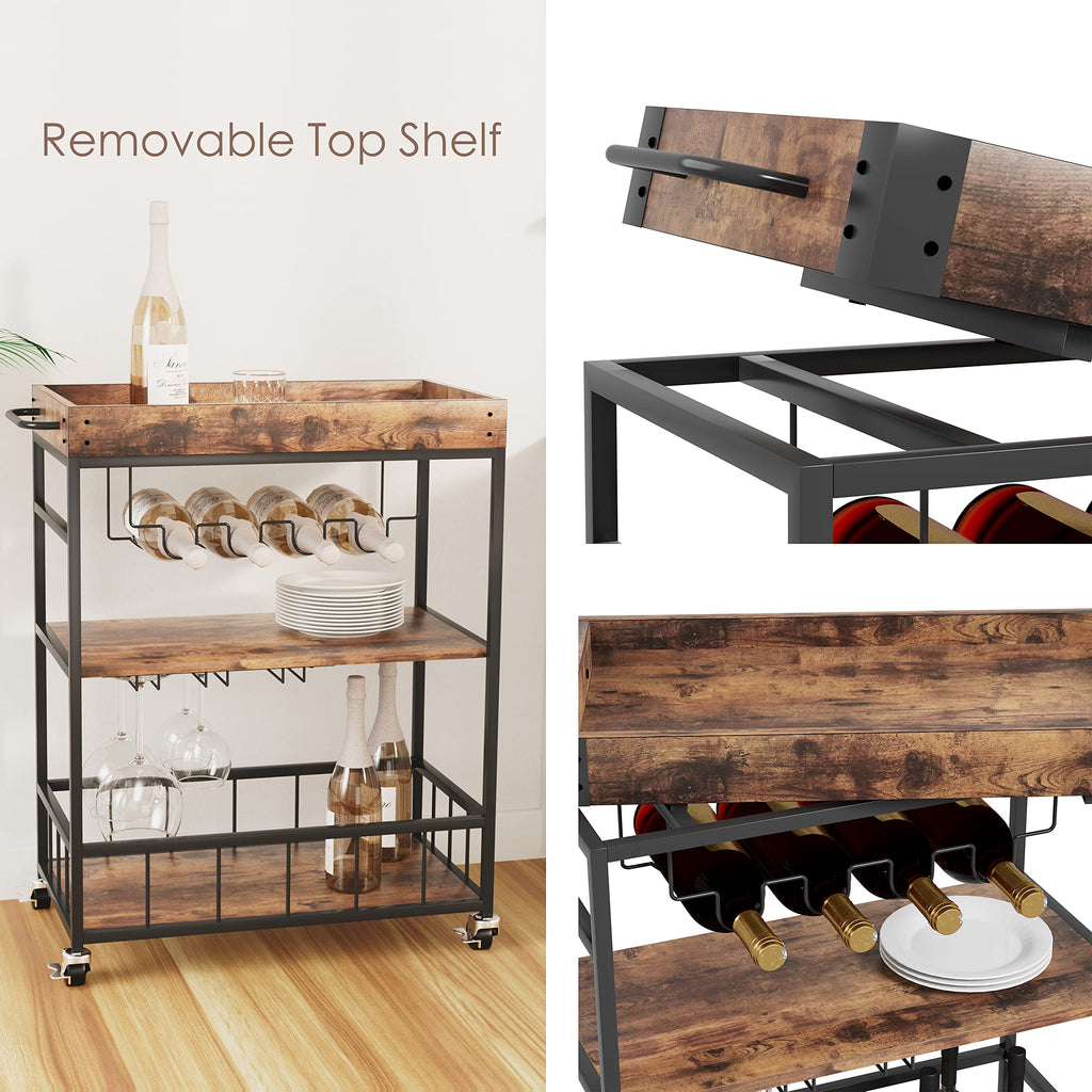Bar Cart Serving Wine 3 Tier Home Rolling Rack with Wheels Mobile Kitchen Industrial Vintage Style Wood Metal Serving
