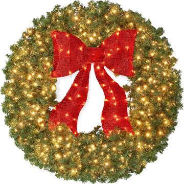 24in Large Artificial Pre-Lit Fir Christmas Wreath Holiday Accent Decoration for Door, Mantel w/Red Lighted Bow, 70