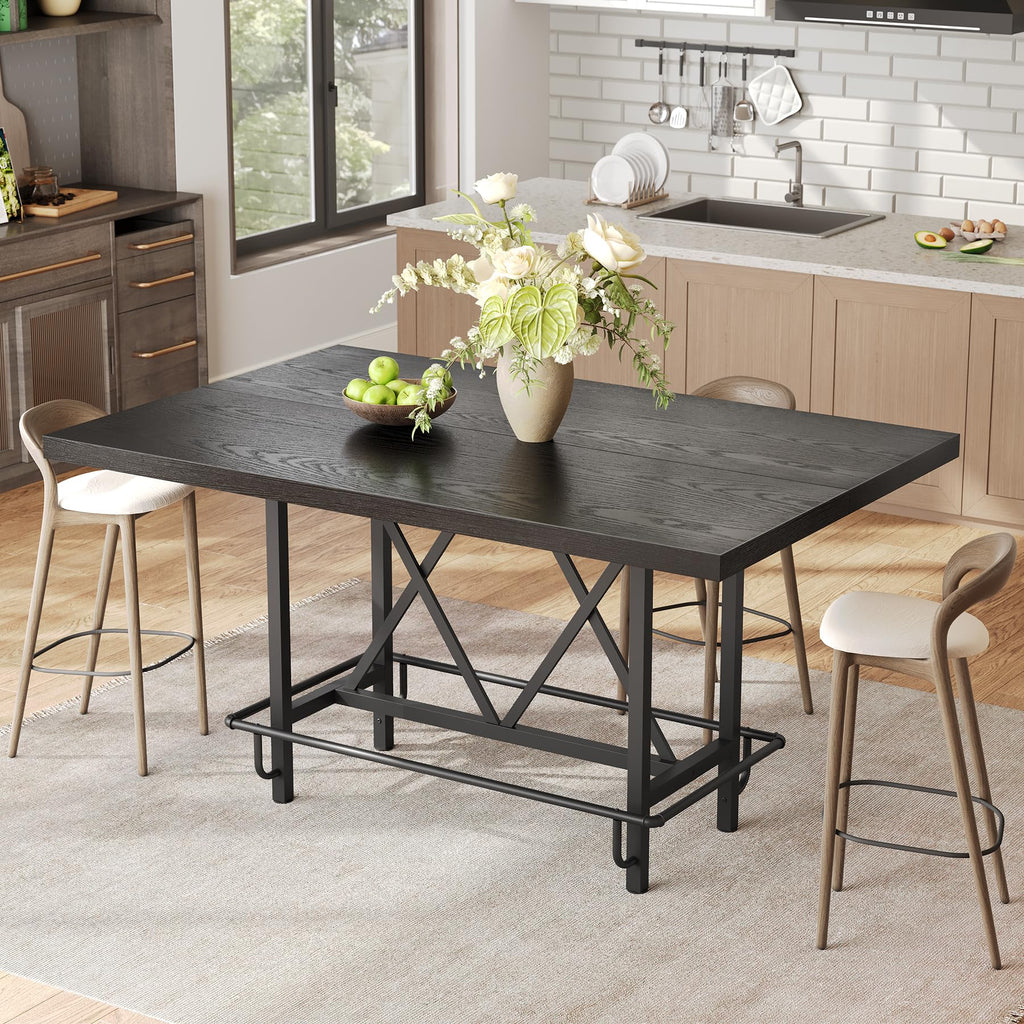 63-Inch Industrial Bar Table with Metal Footrest, Counter Height Pub Table Bar & Entertaining (Black)