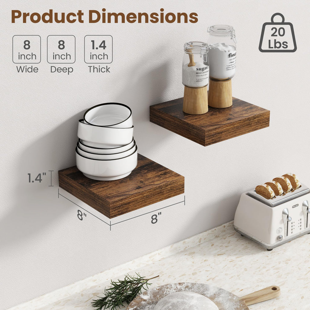 8Inch Square Floating shelves for Wall, 8In Deep, Invisible Brackets, Brown