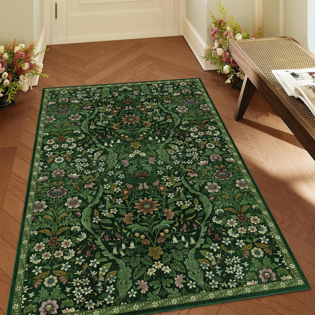 3x5 Dark Green Boho Floral Vintage Area Rug,Soft Lightweight Low Pile Non-Shedding Carpet,Machine Wa