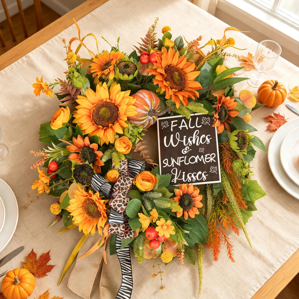 Fall Wreaths for Front Door 24 Inch, Autumn Harvest Wreath with Sunflower
