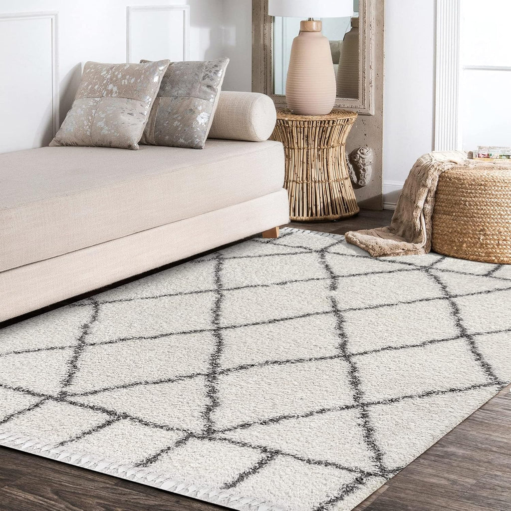 Mercer Shag Plush Tassel Ivory/Gray Indoor Area Rug, 3x5, Moroccan Geometric Trellis, Easy-Cleaning