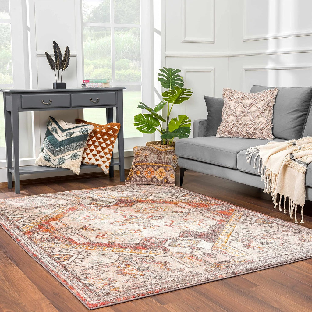 Xenia Living Room, Bedroom Area Rug - Medallion Geometric Border Diamond Distressed - Traditional Oriental Turkish