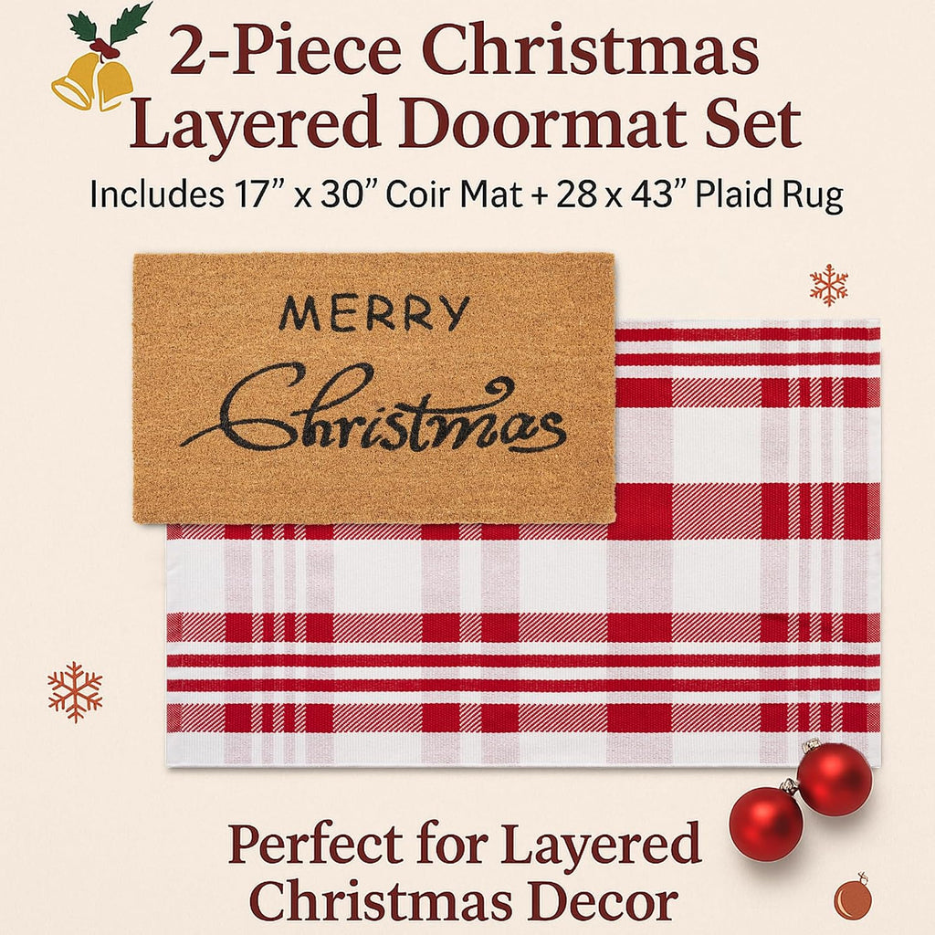Christmas Door Mat Combo Set - 100% Coco Coir Welcome Mat + 28 x 43 Inch Red and White Diagonal Plaid Rug, Christmas