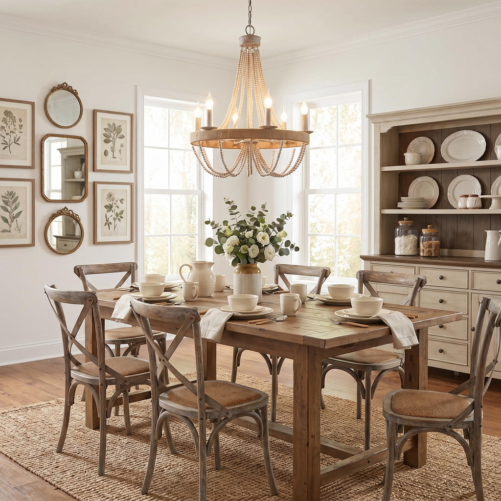 Farmhouse Chandelier 6-Light Wood Bead Rustic Ceiling Light