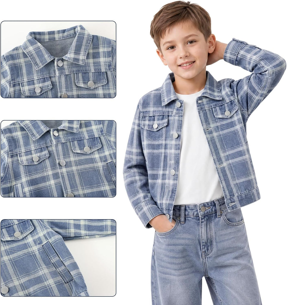 Boys Plaid Denim Jacket Trucker Shacket Kids School Jean Coat