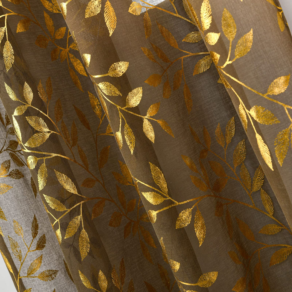 Sheer Curtains 84 Inch Length 2 Panels Set, Luxury Gold Foil Printed Metallic Bronzing Leaves, Privacy Window
