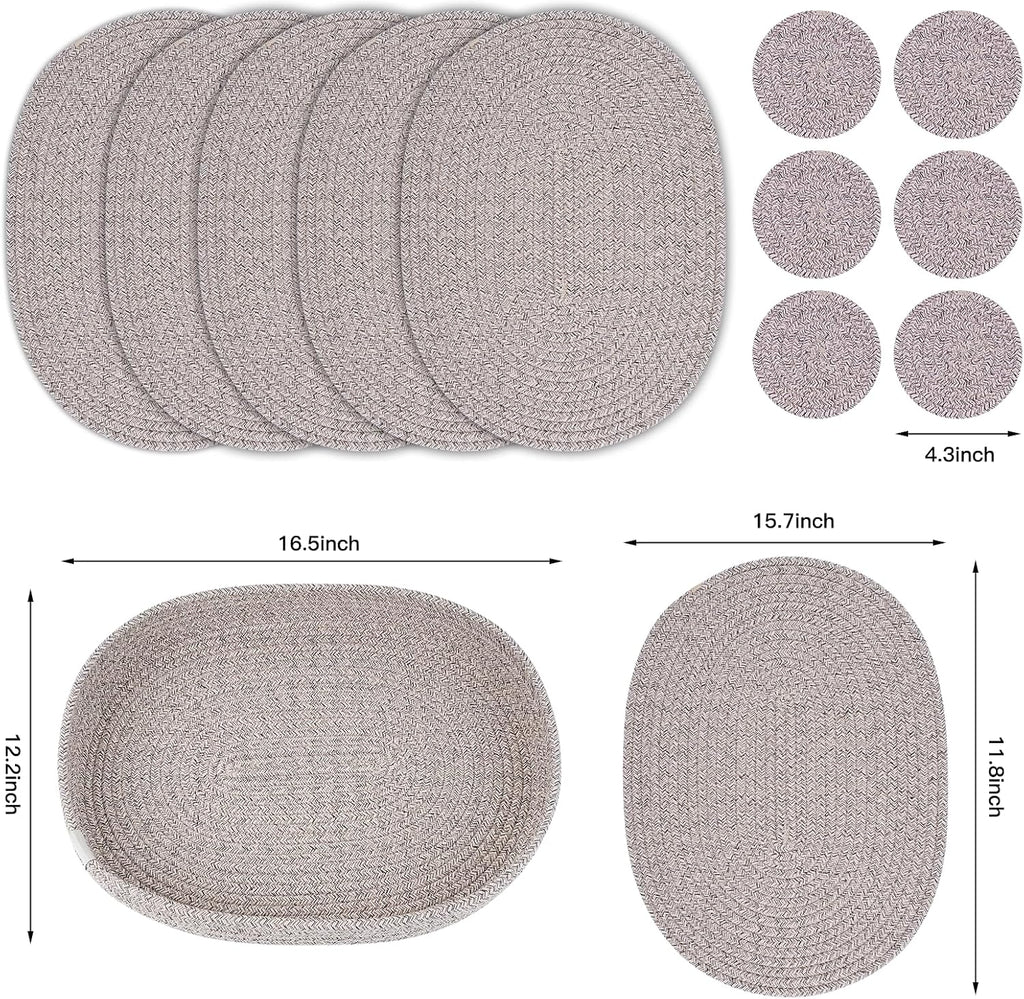 Handmade Boho Placemats Oval - Natural Woven Cotton Farmhouse Table Mats for Dining Table, Fall, Halloween - Set of 6