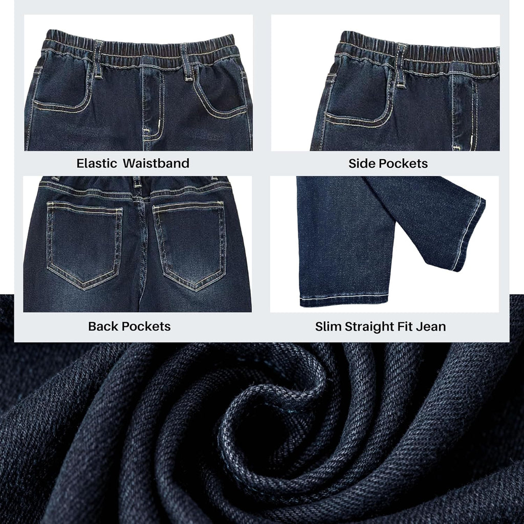 Boys Slim Fit Stretch Jeans Elastic Waist Pull-on Denim Pants with Pockets Kids School