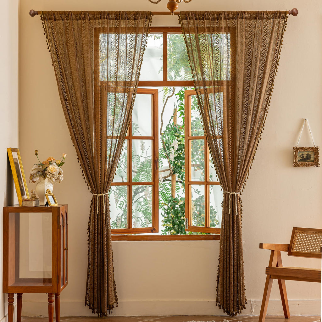 Boho Lace Sheer Curtains 2 Panel Sets Home Office, Semi Sheer Curtains Privacy Country Vintage Tassels Bohemian Style
