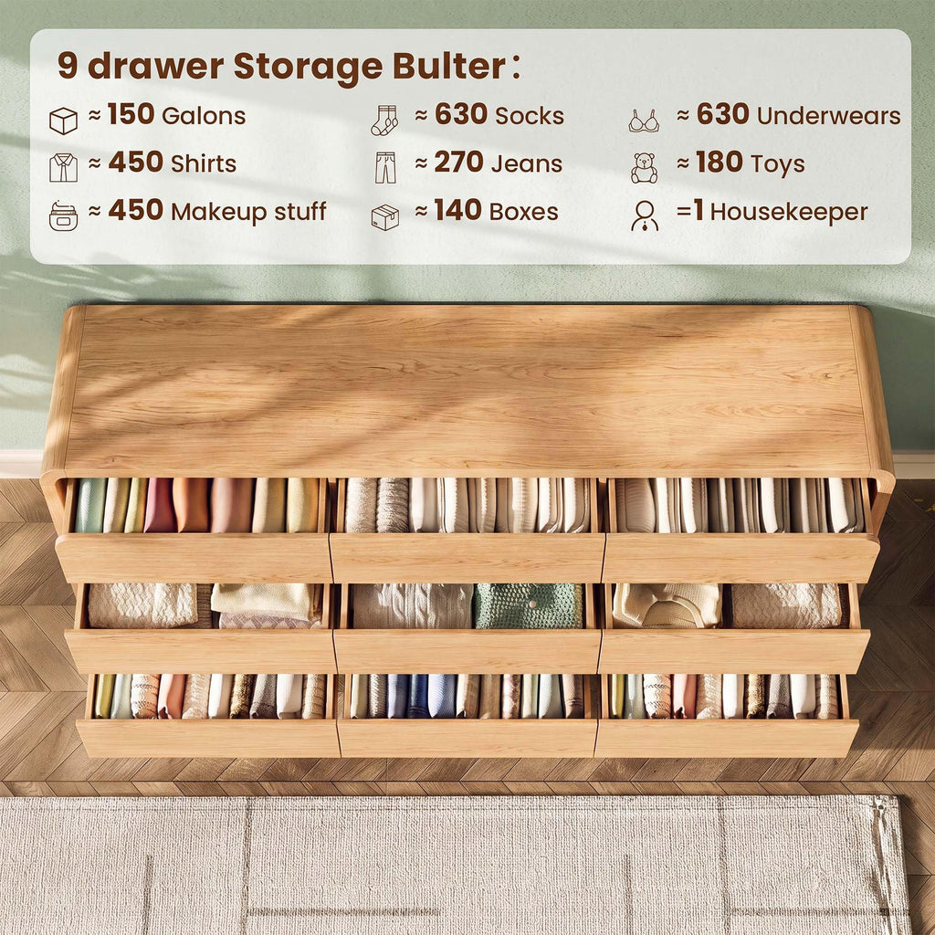 Modern 63" Wide 9 Drawers Dresser with Curved Profile Design, Oak