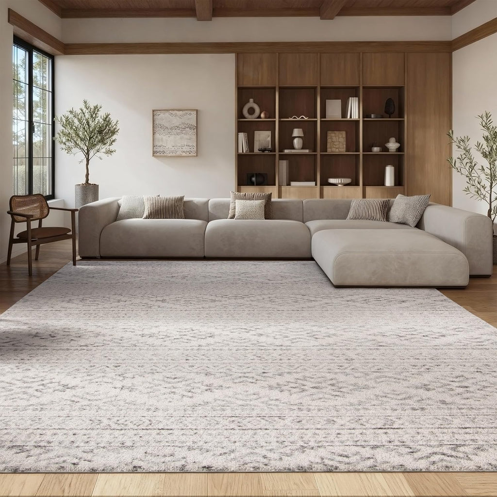 Area Rug 12x15 - Tulum - Large - Ivory & Grey, Moroccan Boho Tribal Design, Non-Shedding & Easy to Clean