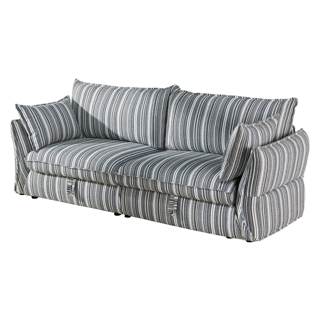 86" Modern Farmhouse Couch - 3 Seater Sofa with Striped Fabric Coastal Storage Sofas with Two Arm Pillows and Wood
