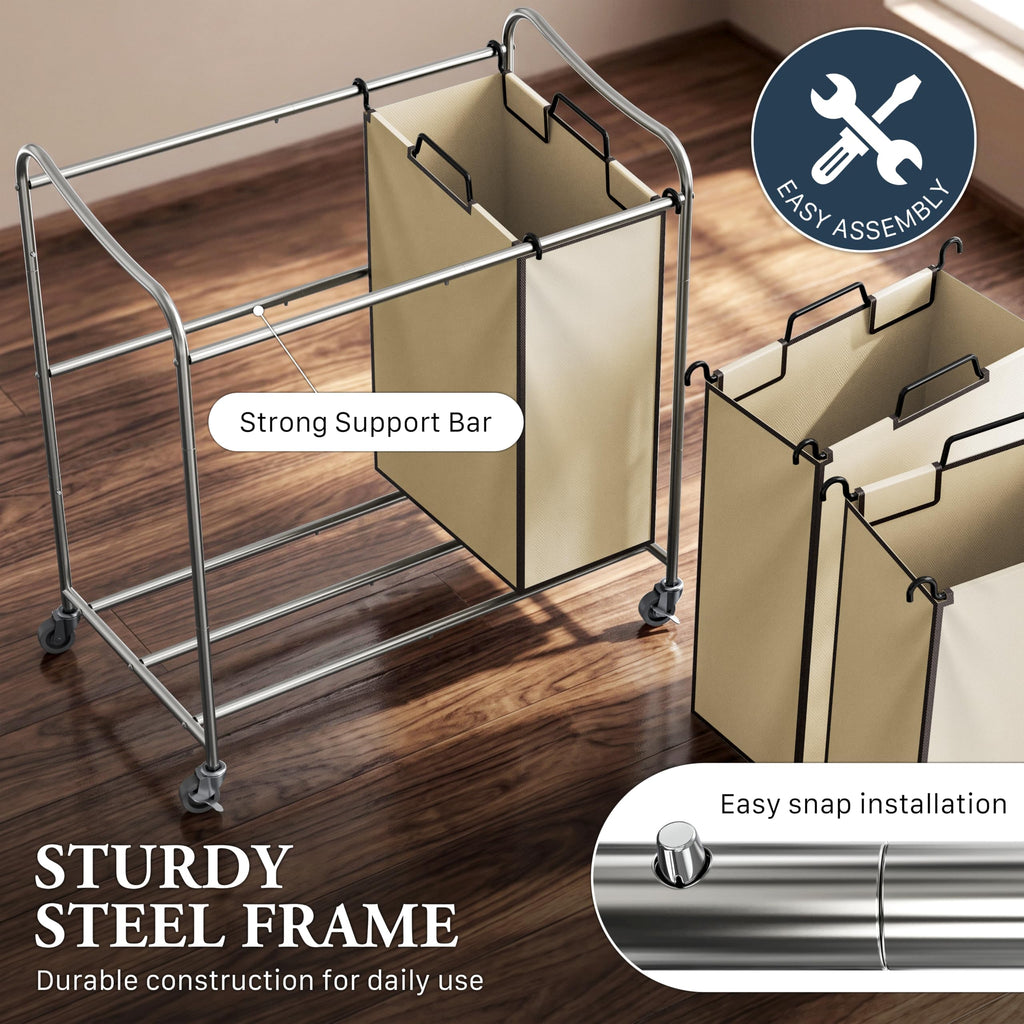 Heavy Duty 3-Bag Laundry Sorter Rolling Cart, Chrome