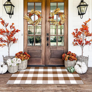 Buffalo Plaid Outdoor Rugs, 24'' x 51'' Coffe and White Checkered Area Rug, Layering Rug for Hello/Welcome Door Mat
