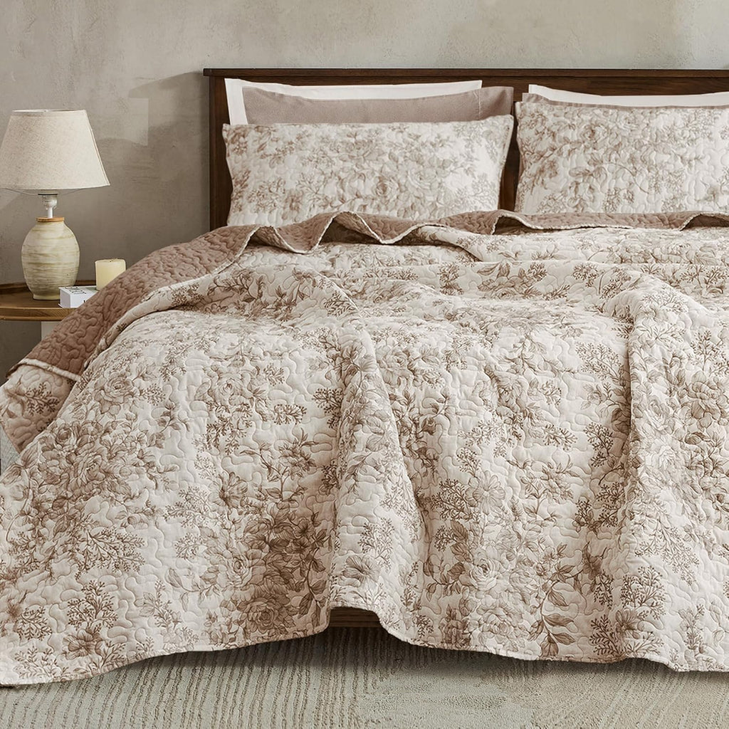 Taupe Floral Quilt Queen, Summer Cooling 3 Piece Cotton Vintage Farmhouse Bedding Set, Machine Washable Lightweight