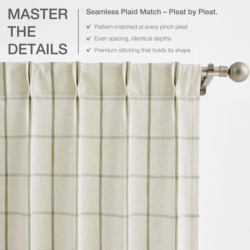 Sage Green Plaid Linen Pinch Pleated Semi Sheer Curtains Checkered Light Filtering Window Panels 84 inches Long for Living Room Bedroom Rustic Pleat Drapes with Back Tab Hooks 40" Wx84"Lx2