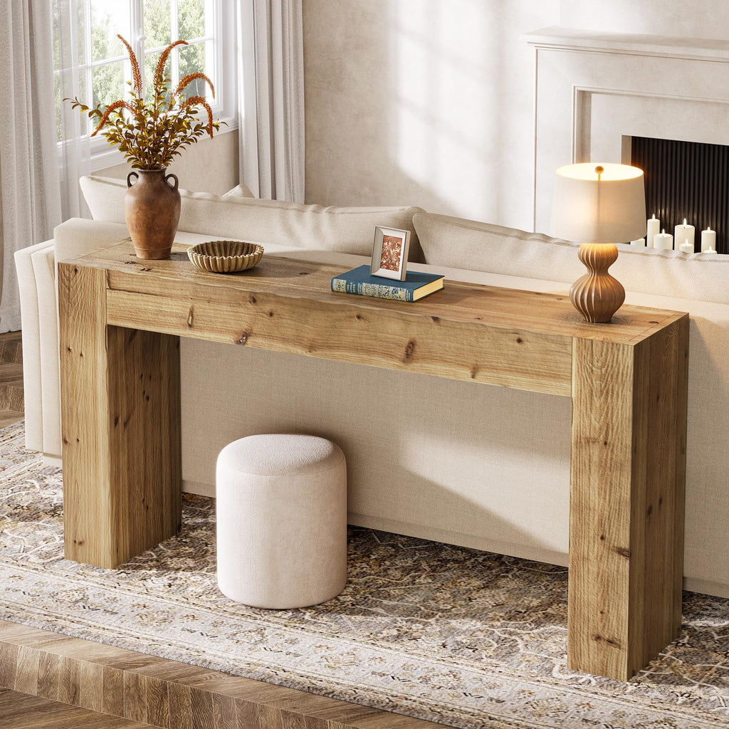 Solid Wood Console Table, 63-Inch Farmhouse Sofa Table Behind Couch, Foyer, Easy Assembly (Light Wood)
