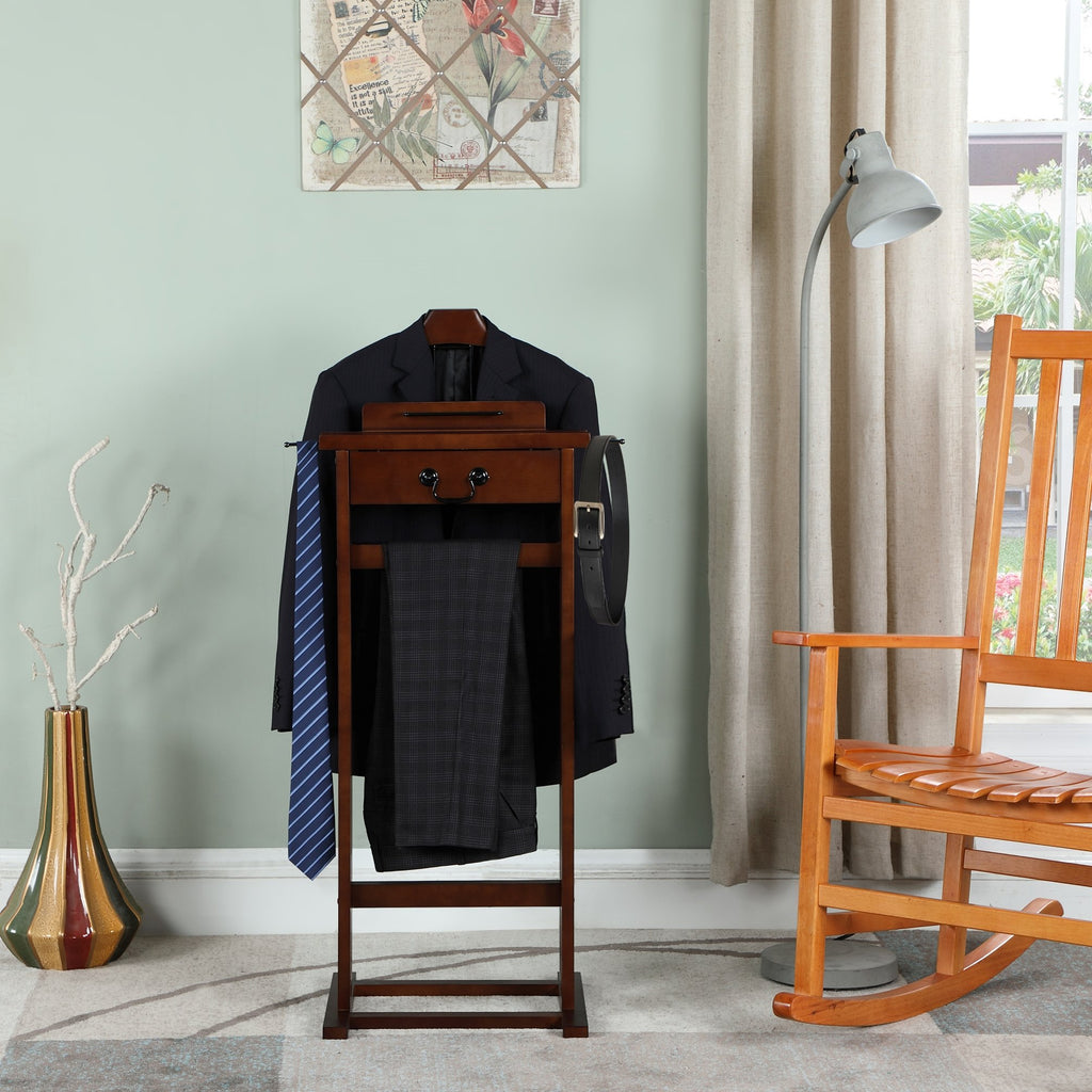 Mission Wardrobe Wood Valet Stand with Drawer, Contour Hanger, Trouser Bar, Tie & Belt Hooks and Shoe Rack