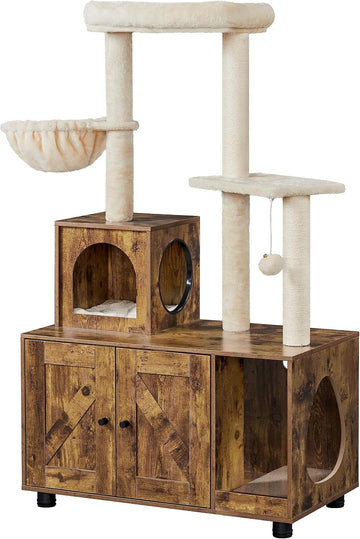 Litter Box Enclosure with Cat Tree, Rustic Brown/Beige