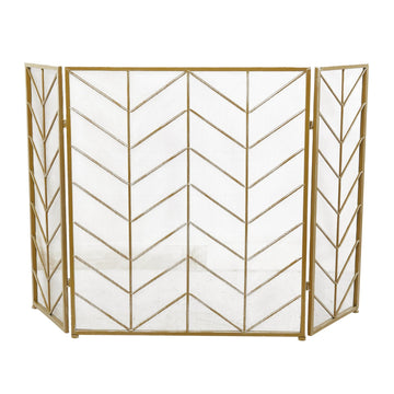 Contemporary Metal Fireplace Screen with Chevron Pattern, 52"L x 31"H, Brass