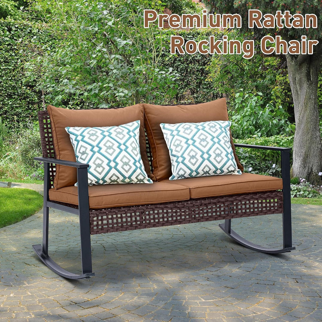 Outdoor Wicker Loveseat Rocking Chair, Patio Outdoor Furniture Conversation Sets, Rattan Rocker Chair with Cushions