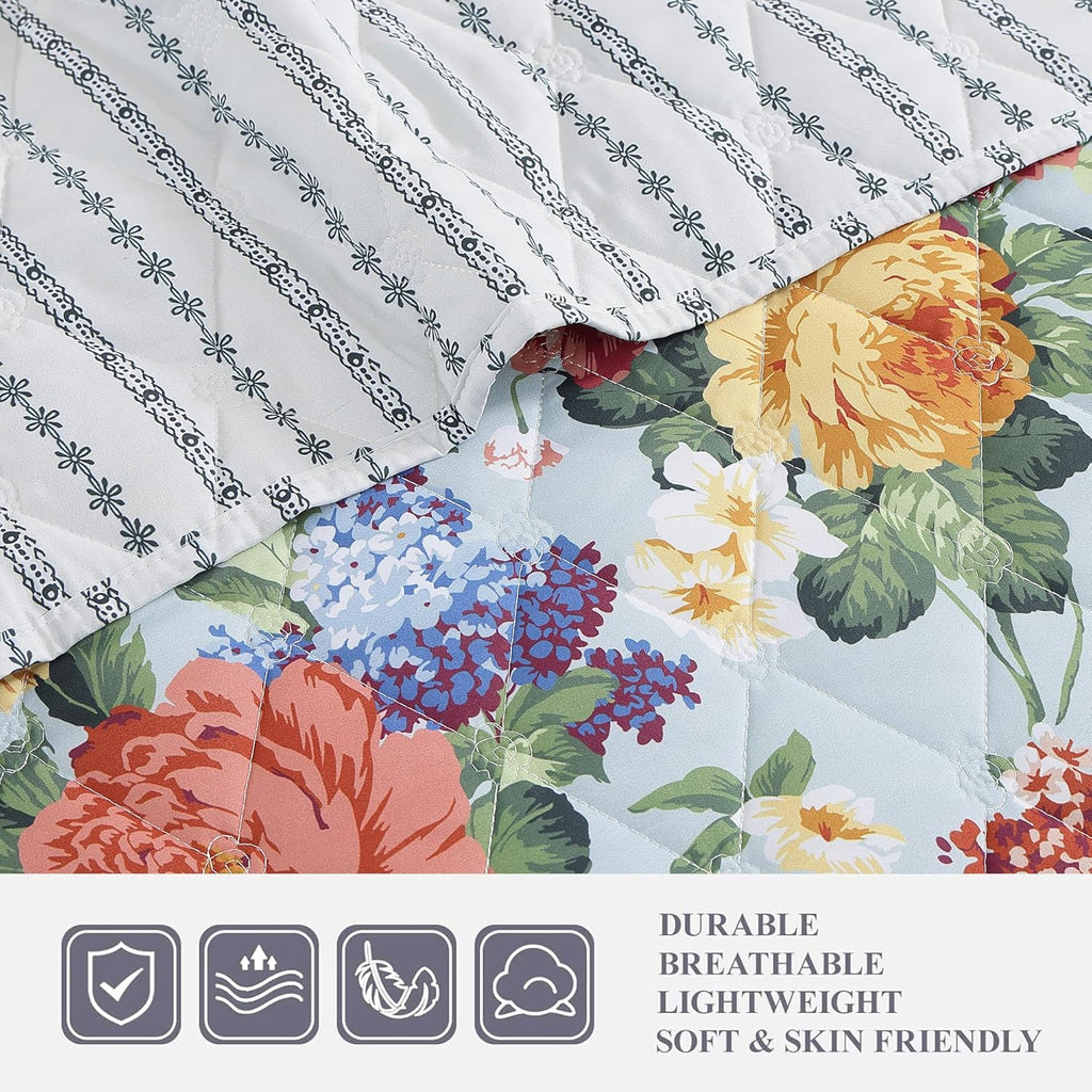 Floral Quilt Set Queen, 3 Piece Reversible Lightweight Soft Bedspread Coverlet, Garden Farmhouse Botanical Diamond