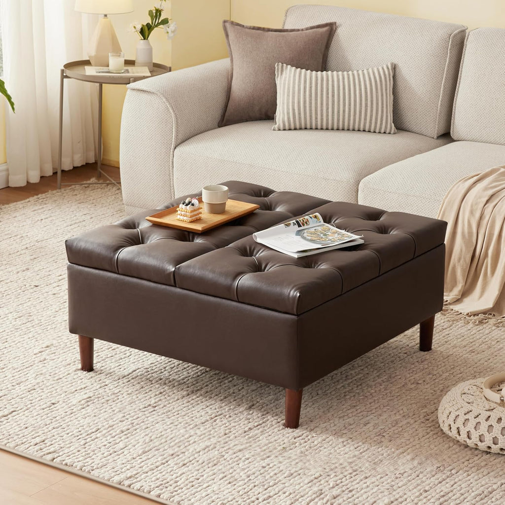 35" Large Storage Ottoman Coffee Table, Square Ottoman, Brown | Oversized Square Ottoman with Storage, No Assembly